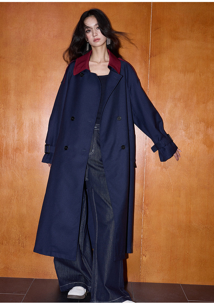 Contrast Detail Retro Mid-Length Loose Trench Coat