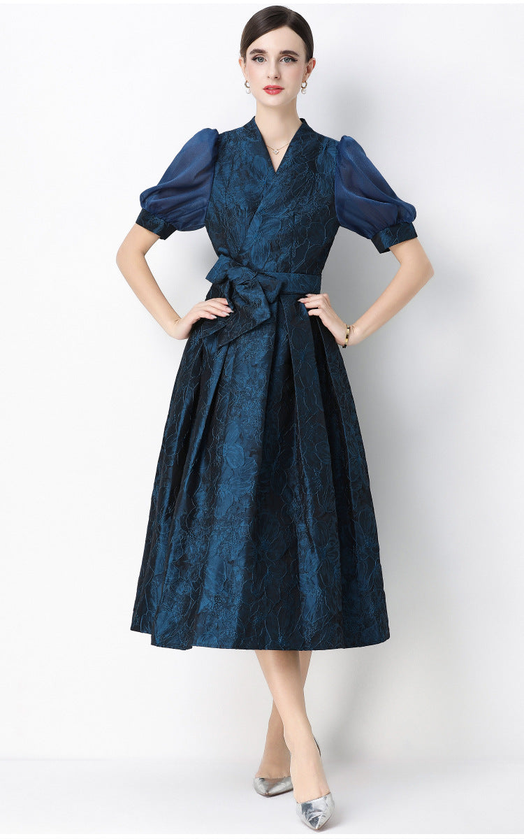 Jacquard Puff Sleeve V-Neck Maxi Dress