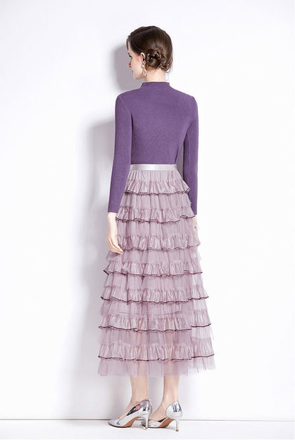 Layered Knit & Tulle Maxi Dress – Faux Two-Piece Design