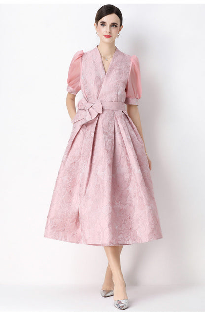 Jacquard Puff Sleeve V-Neck Maxi Dress