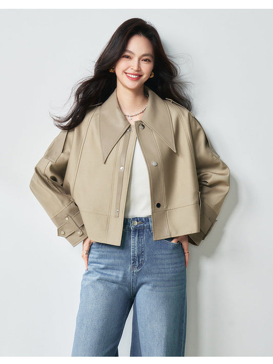 Western Style Oversized Cropped Faux Leather Jacket