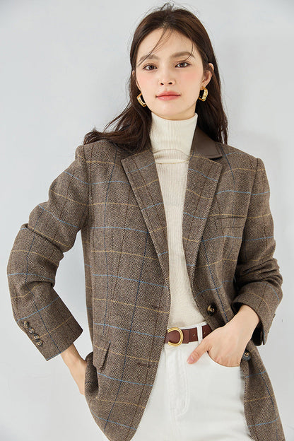 Fine Wool Plaid Oversized Blazer Coat – Coffee Brown
