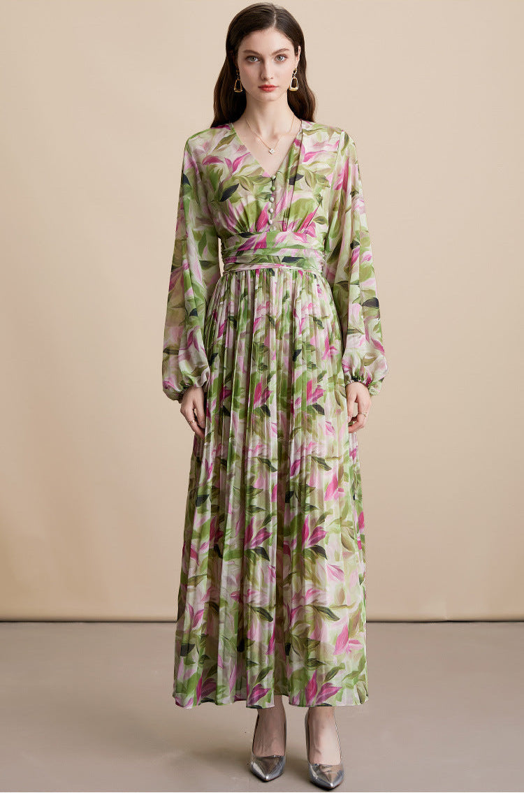 Vintage Floral V-Neck Long Dress