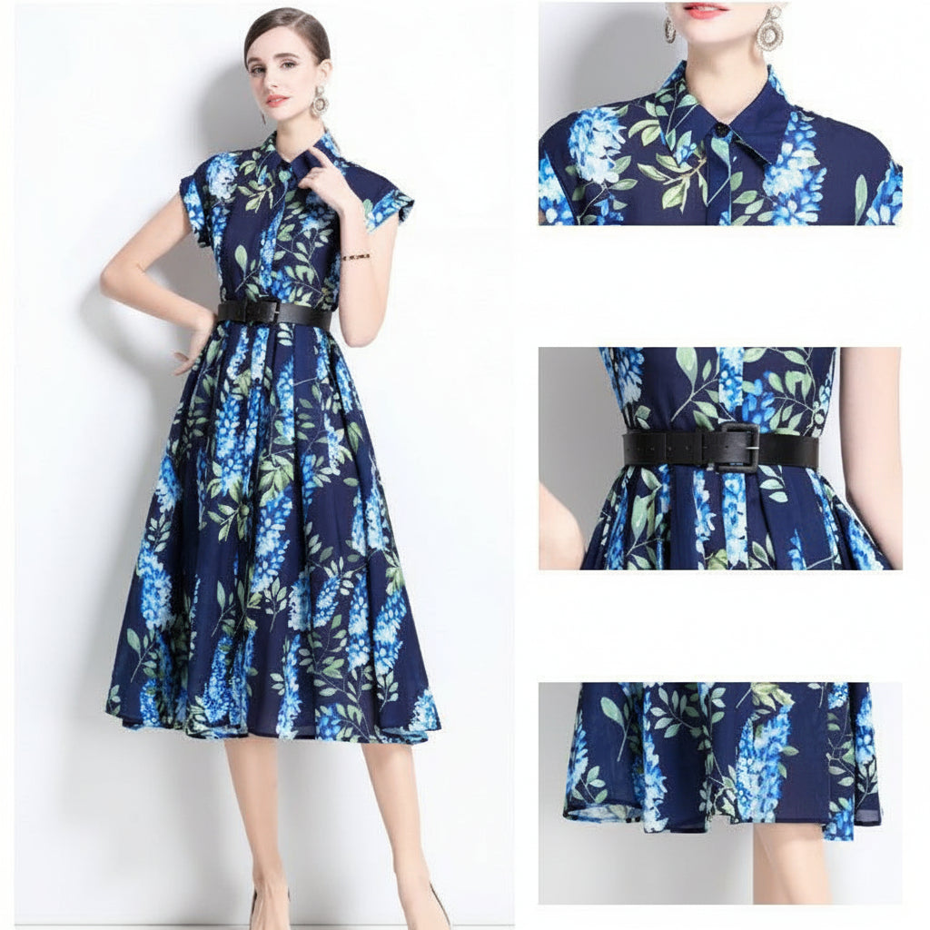 Printed Polo Collar Elegant Midi Dress