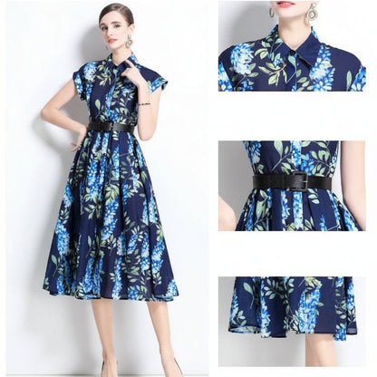 Printed Polo Collar Elegant Midi Dress