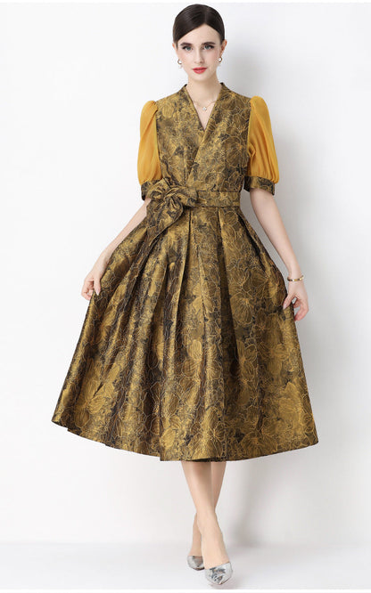 Jacquard Puff Sleeve V-Neck Maxi Dress