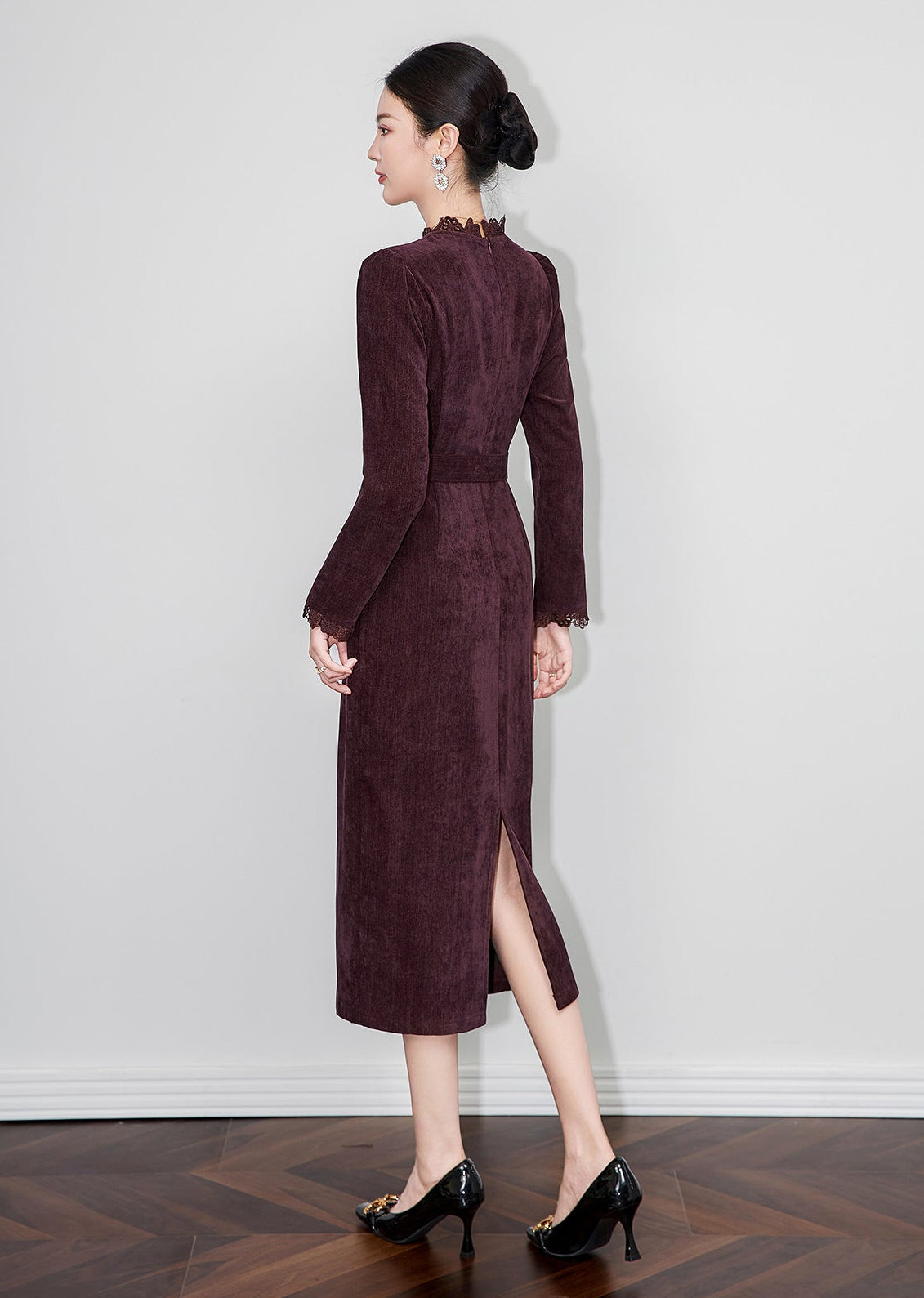 Cherry Plum Embroidered Chenille Midi Dress