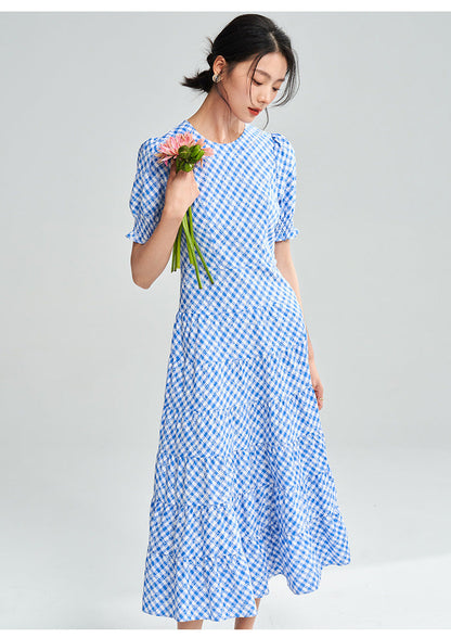 Blue-White Plaid Midi Dress