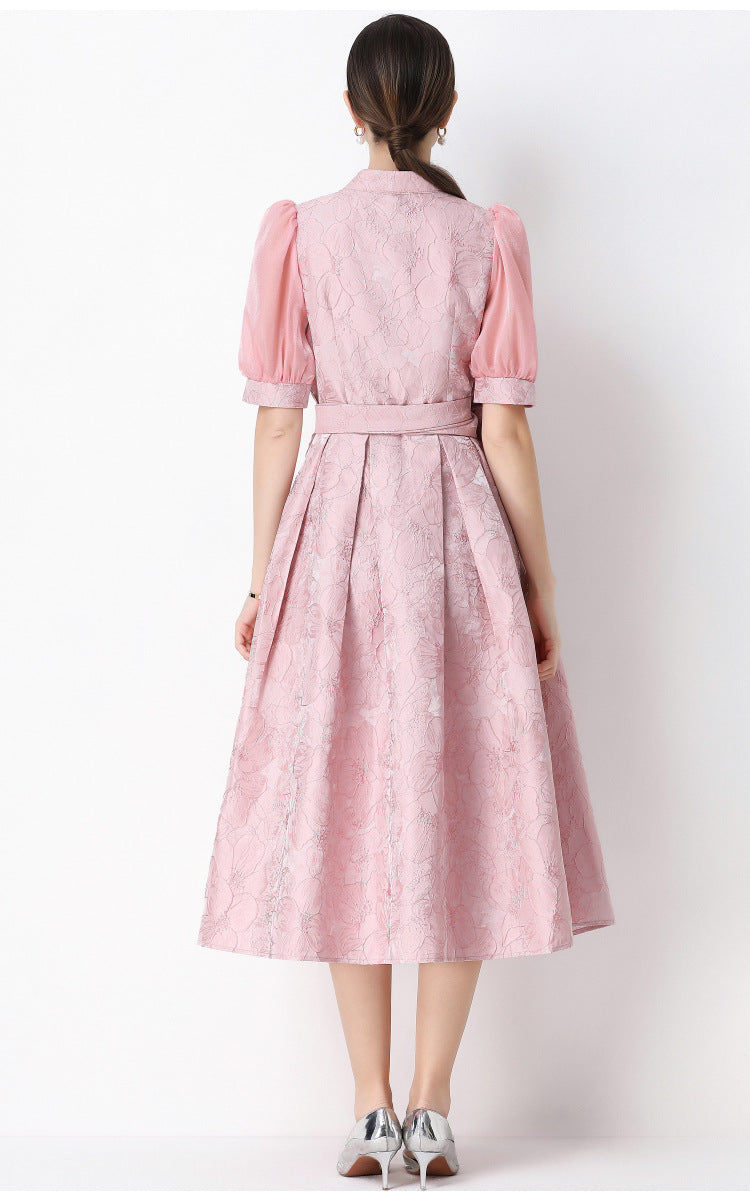 Jacquard Puff Sleeve V-Neck Maxi Dress