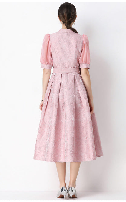 Jacquard Puff Sleeve V-Neck Maxi Dress