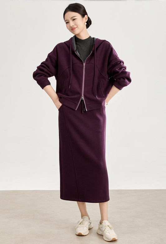 Soft Wool-Blend Hooded Jacket & Elastic Waist Skirt Set