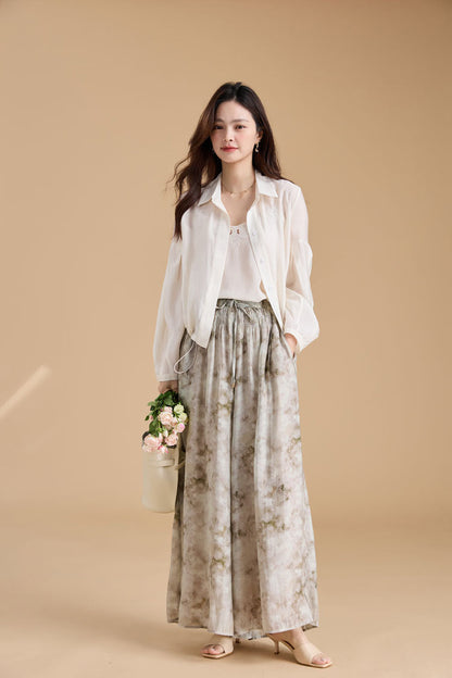 Elegant Ink Print Wide-Leg Tencel Pants
