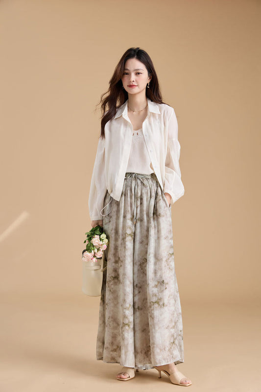 Elegant Ink Print Wide-Leg Tencel Pants