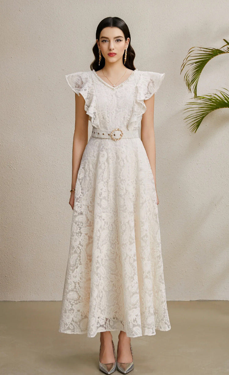Ruffled Sleeve Beaded Belted Tulle Maxi Dress