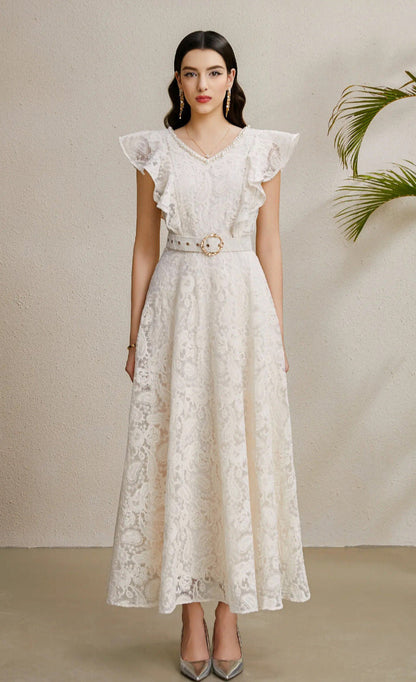 Ruffled Sleeve Beaded Belted Tulle Maxi Dress