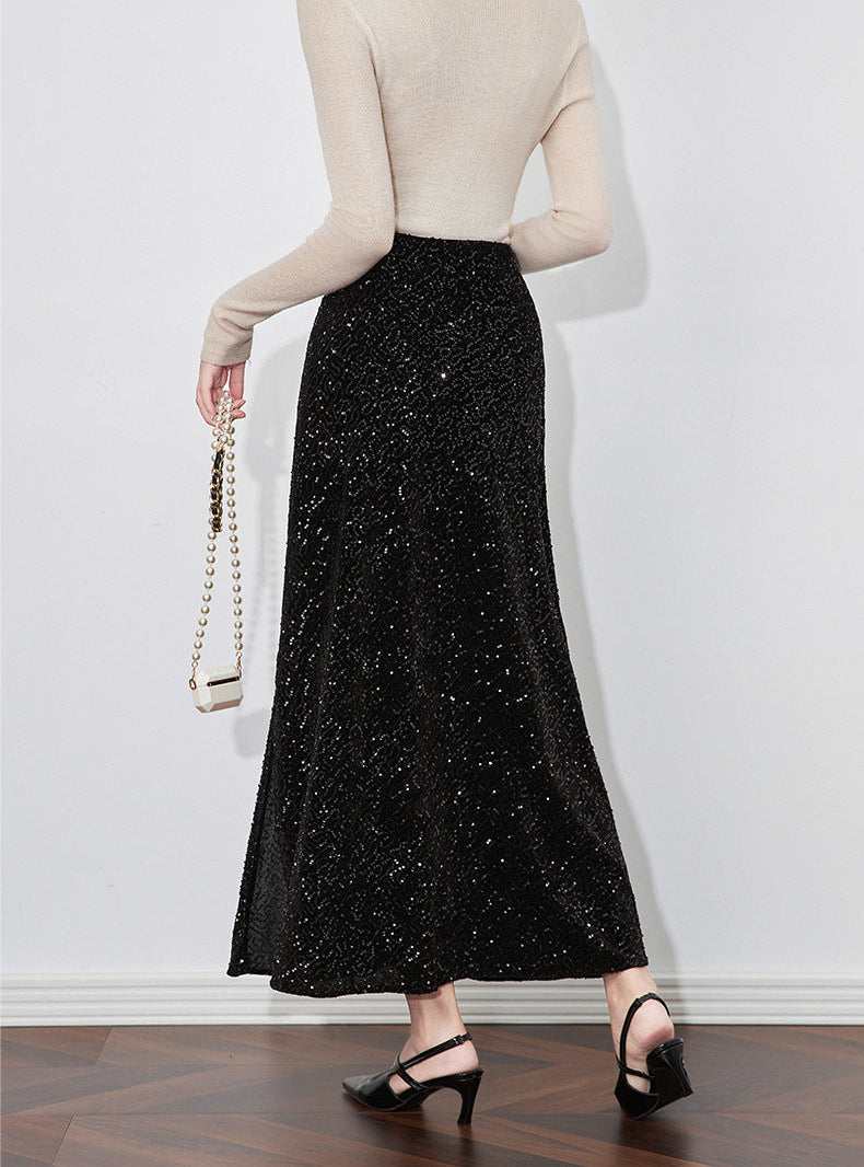 Velvet-Shine Sequin A-Line Midi Skirt