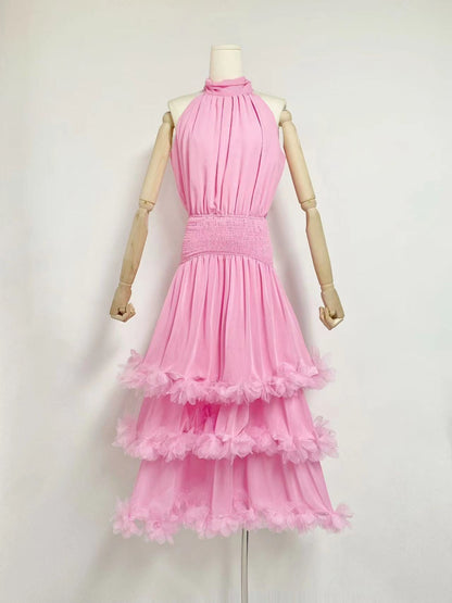3D Floral High-Neck Evening Gown – Elegant Pink