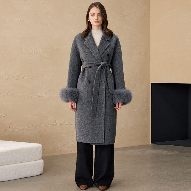 Alpaca Wool Long Coat with Fur Collar & Wide Sleeves