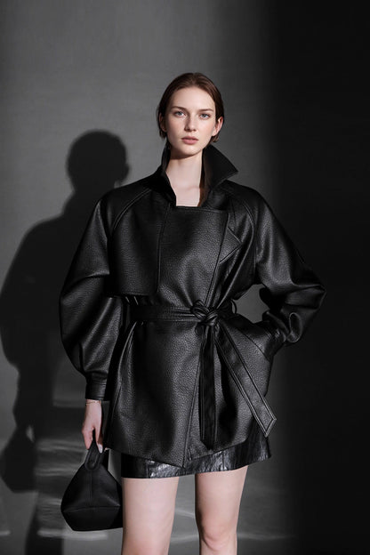 City Glow Balloon-Sleeve Faux Leather Jacket – Slim Fit Waist-Defined Design