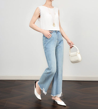 High Waist Wide-Leg Jeans with Lace Hem