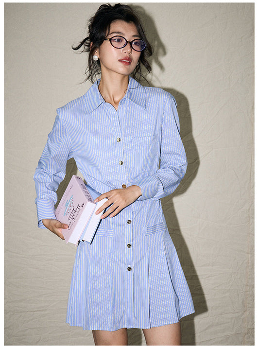College-Style Blue & White Striped Shirt Dress