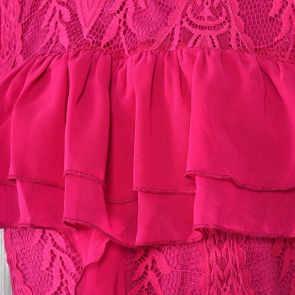 Frilled Short Sleeve Lace-Trim Lotus Dress