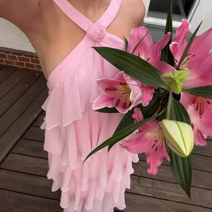 Pink Halter Tiered Maxi Dress