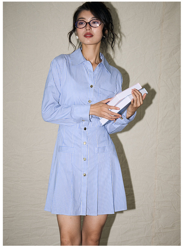College-Style Blue & White Striped Shirt Dress