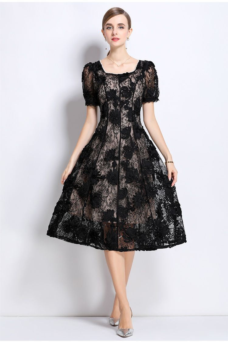 Elegant Black Dress with Puff Sleeves
