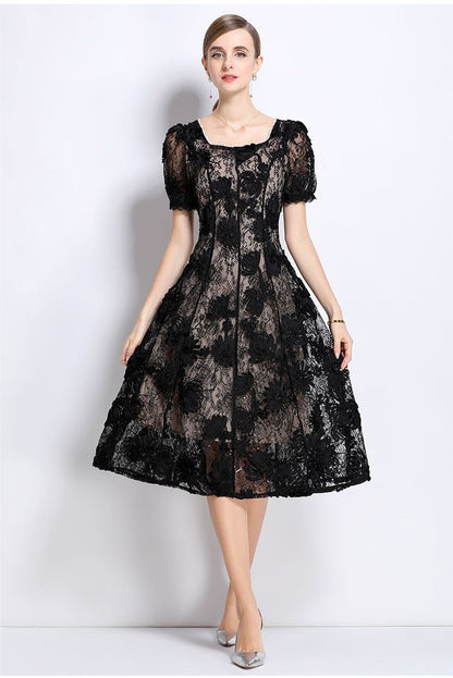 Elegant Black Dress with Puff Sleeves
