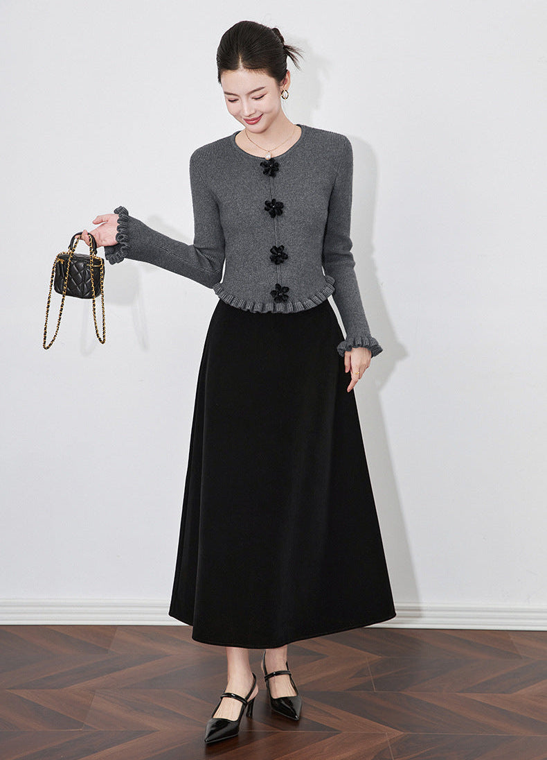 3D Floral Knit Top + Velvet Skirt Set – Elegant French Winter Ensemble
