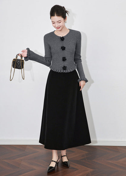 3D Floral Knit Top + Velvet Skirt Set – Elegant French Winter Ensemble