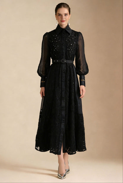 Lace Collar Lantern Sleeve Midi Dress