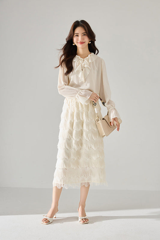 Tassel Layered Ecru Midi Skirt