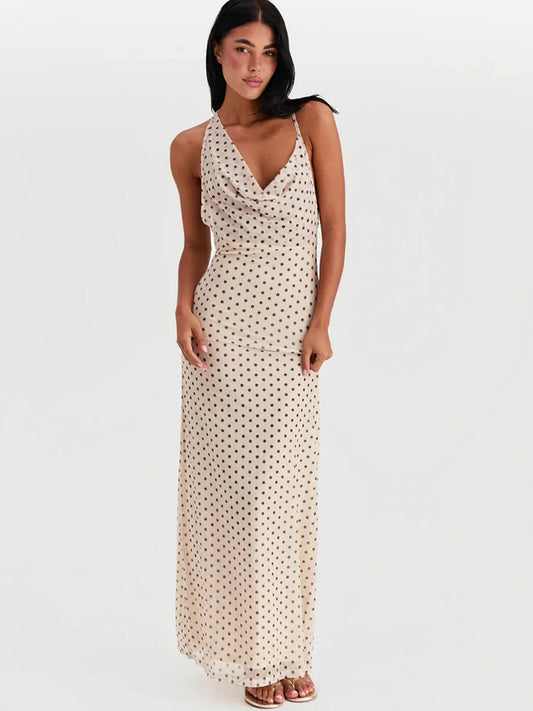Polka Dot Spaghetti Strap Maxi Dress – Slim Fit Elegance