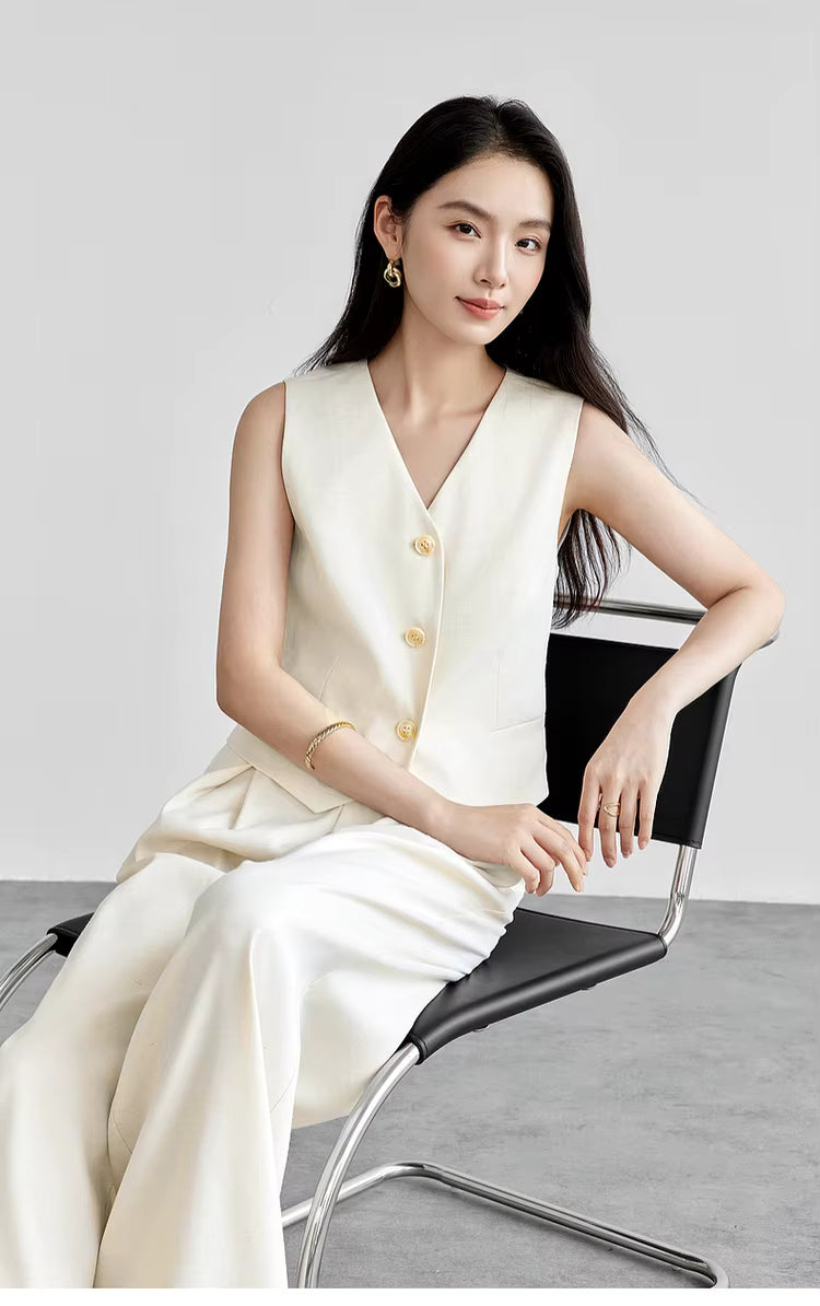 Linen Blend Crop Vest & High-Waist Wide-Leg Pant Set