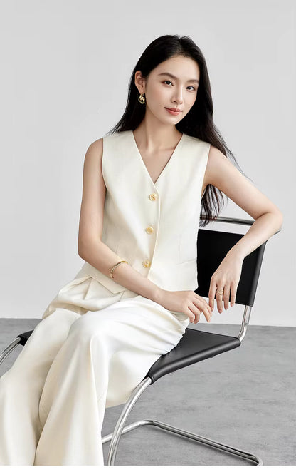 Linen Blend Crop Vest & High-Waist Wide-Leg Pant Set