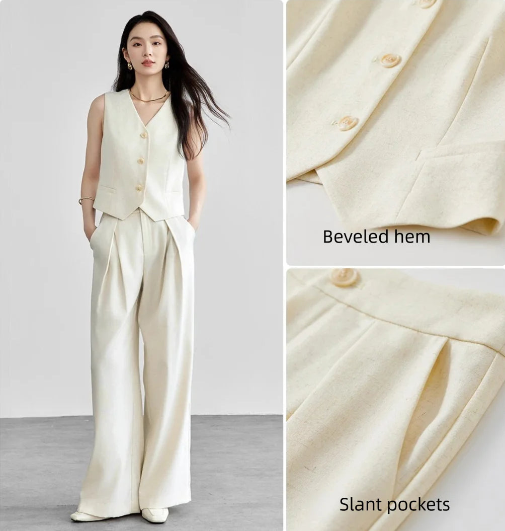Linen Blend Crop Vest & High-Waist Wide-Leg Pant Set