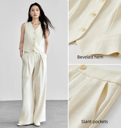 Linen Blend Crop Vest & High-Waist Wide-Leg Pant Set