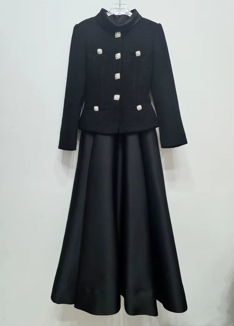 French Retro Patchwork Black Long Dress