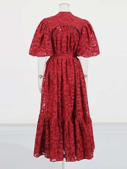 Patchwork Bow-Tie Balloon Sleeve Dress