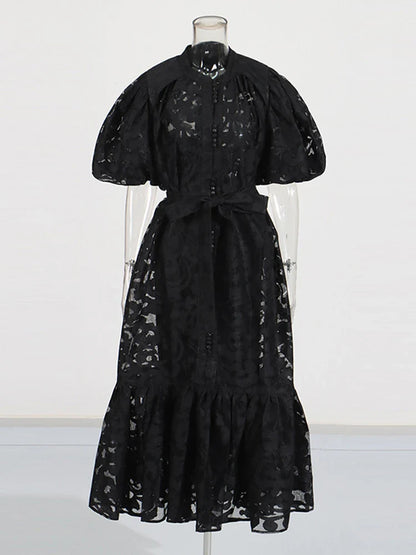 Patchwork Bow-Tie Balloon Sleeve Dress