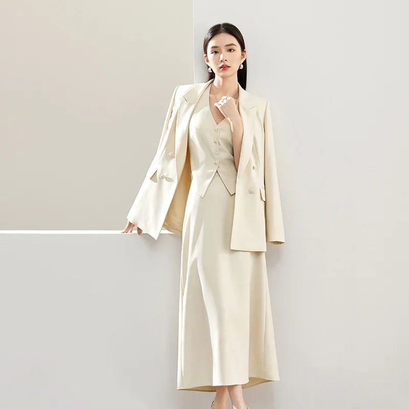 3-Piece Blazer Vest & Maxi Skirt Suit Set – Elegant Officewear Ensemble