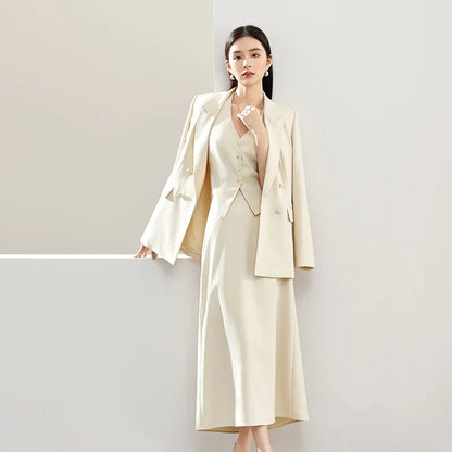 3-Piece Blazer Vest & Maxi Skirt Suit Set – Elegant Officewear Ensemble