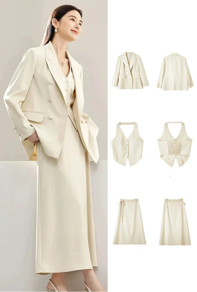 3-Piece Blazer Vest & Maxi Skirt Suit Set – Elegant Officewear Ensemble