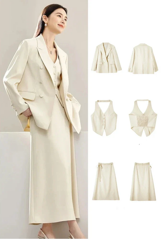 3-Piece Blazer Vest & Maxi Skirt Suit Set – Elegant Officewear Ensemble
