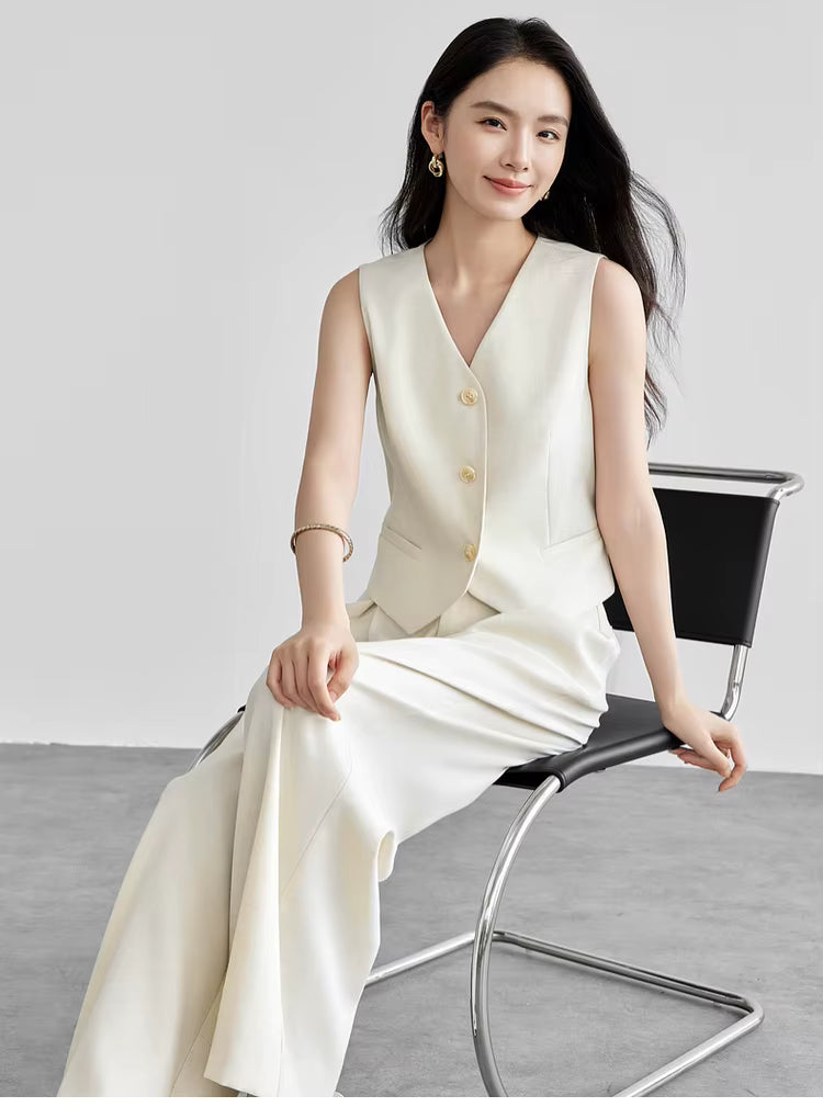 Linen Blend Crop Vest & High-Waist Wide-Leg Pant Set