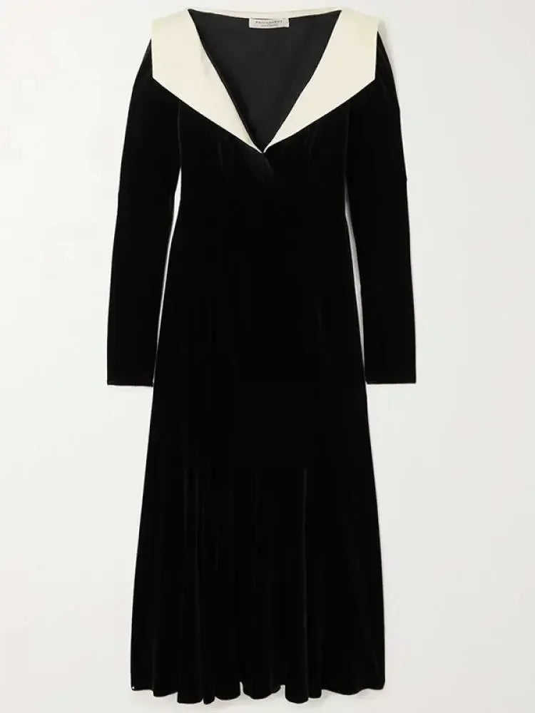 Black Velvet Maxi Dress – A-Line, Long Sleeve, Deep V-Neck