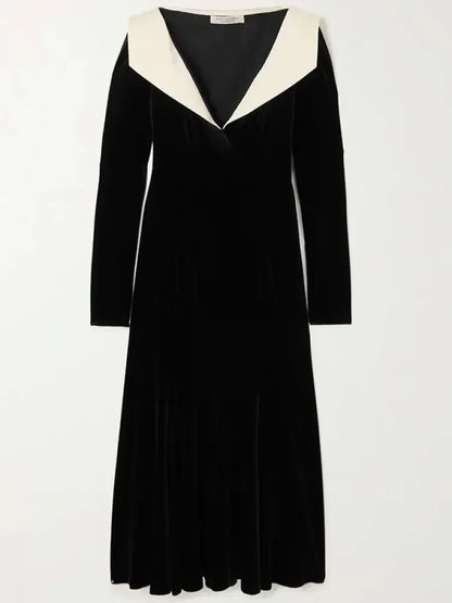 Black Velvet Maxi Dress – A-Line, Long Sleeve, Deep V-Neck