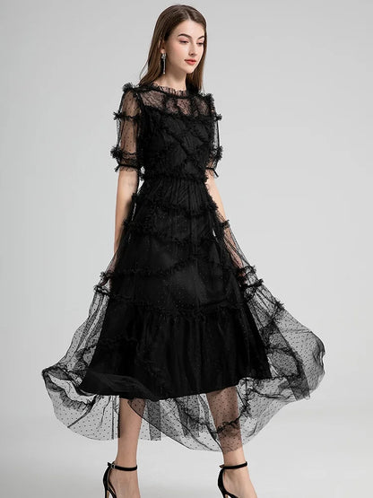 Polka Dot Puff Sleeve Maxi Dress